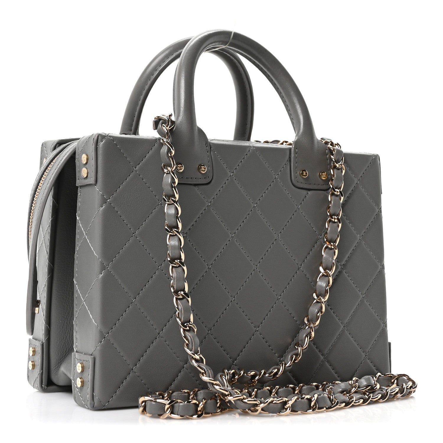 CALFSKIN QUILTED STUDDED SQUARE VANITY CASE GREY