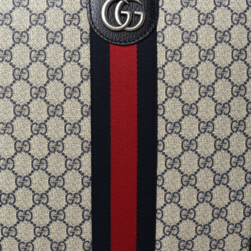 GG SUPREME MONOGRAM TEXTURED DOLLAR CALFSKIN WEB SMALL SAVOY CABIN TROLLEY BEIGE BLUE