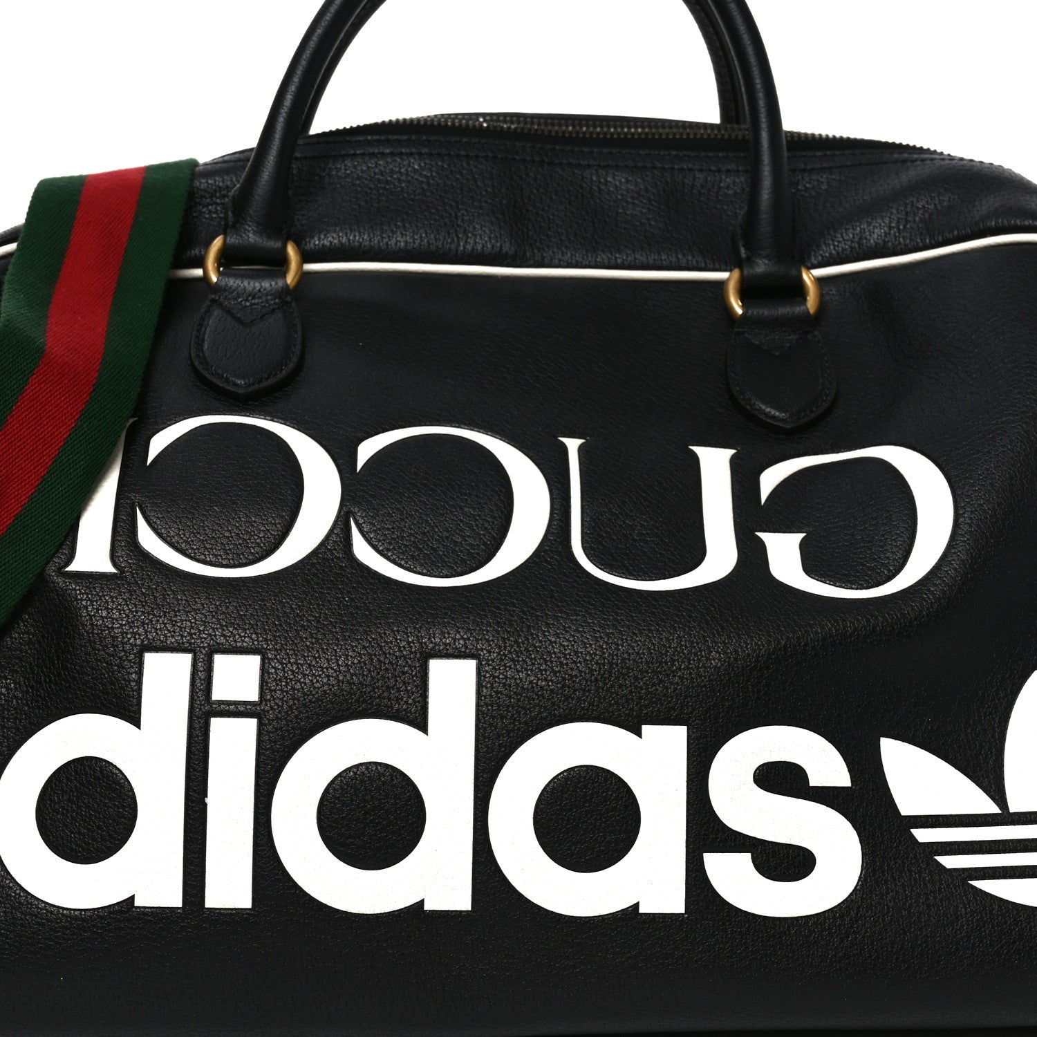 X ADIDAS Textured Dollar Calfskin Web Trefoil Large Bowling Bag Black Off White
