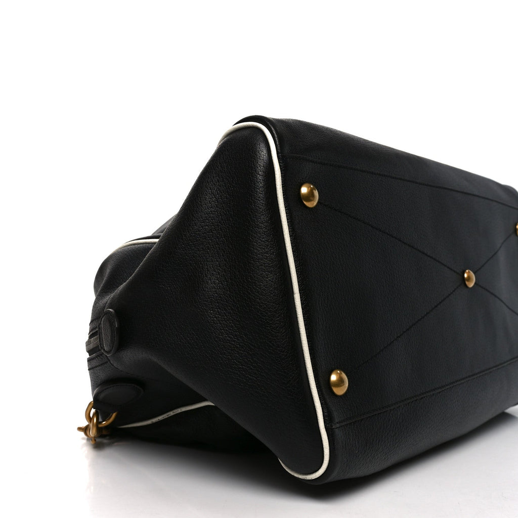 X ADIDAS Textured Dollar Calfskin Web Trefoil Large Bowling Bag Black Off White