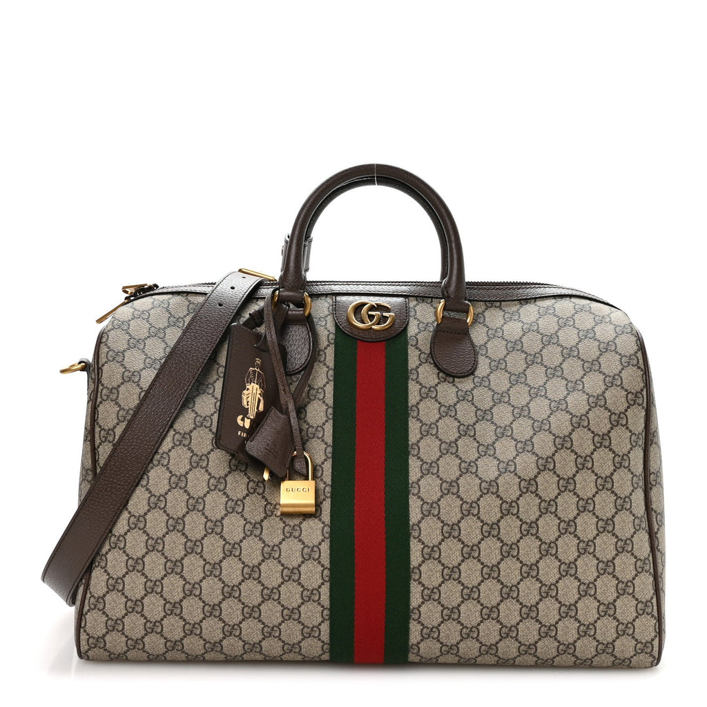 GG SUPREME MONOGRAM TEXTURED DOLLAR CALFSKIN WEB MEDIUM SAVOY DUFFLE BAG BEIGE DARK BROWN
