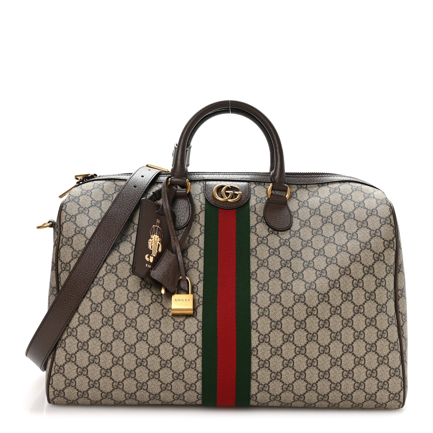 GG SUPREME MONOGRAM TEXTURED DOLLAR CALFSKIN WEB MEDIUM SAVOY DUFFLE BAG BEIGE DARK BROWN