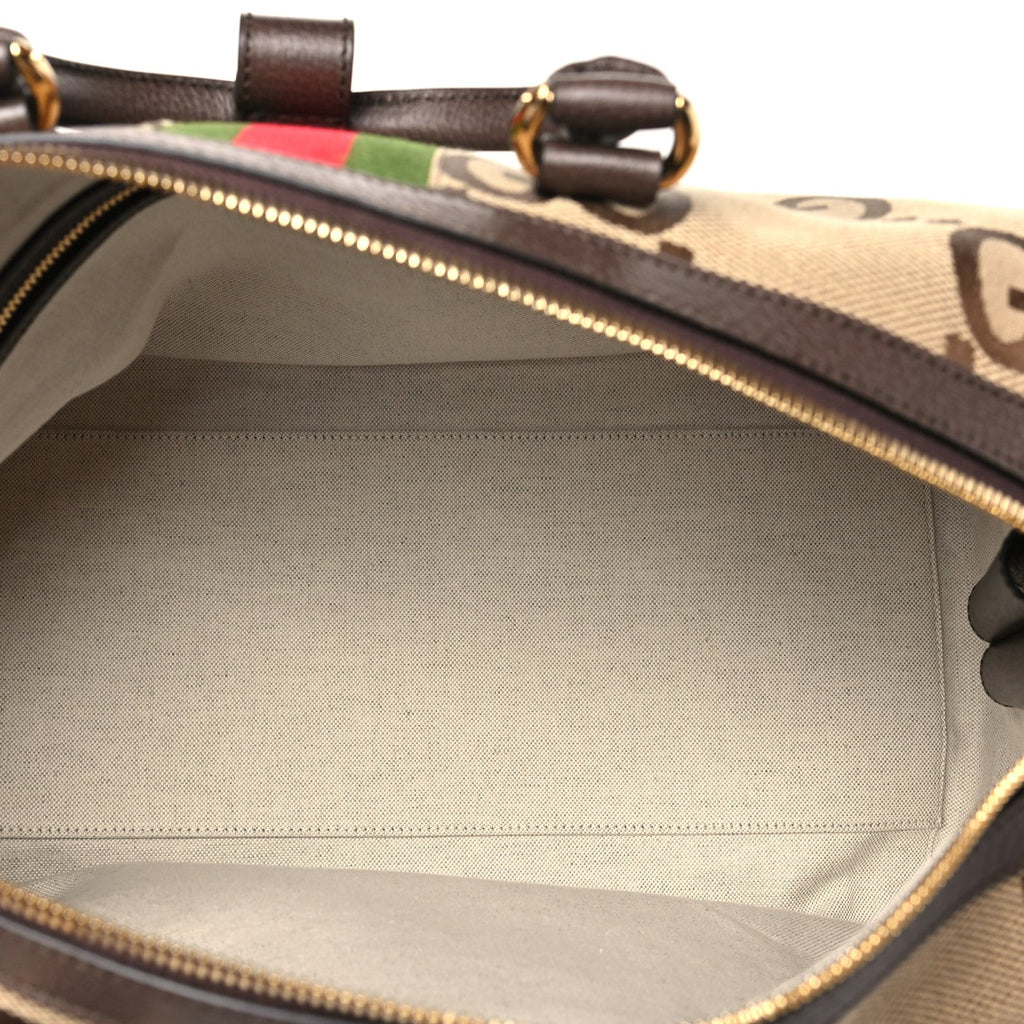 Monogram Jumbo GG Textured Dollar Calfskin Web Large Duffle Bag Camel Ebony