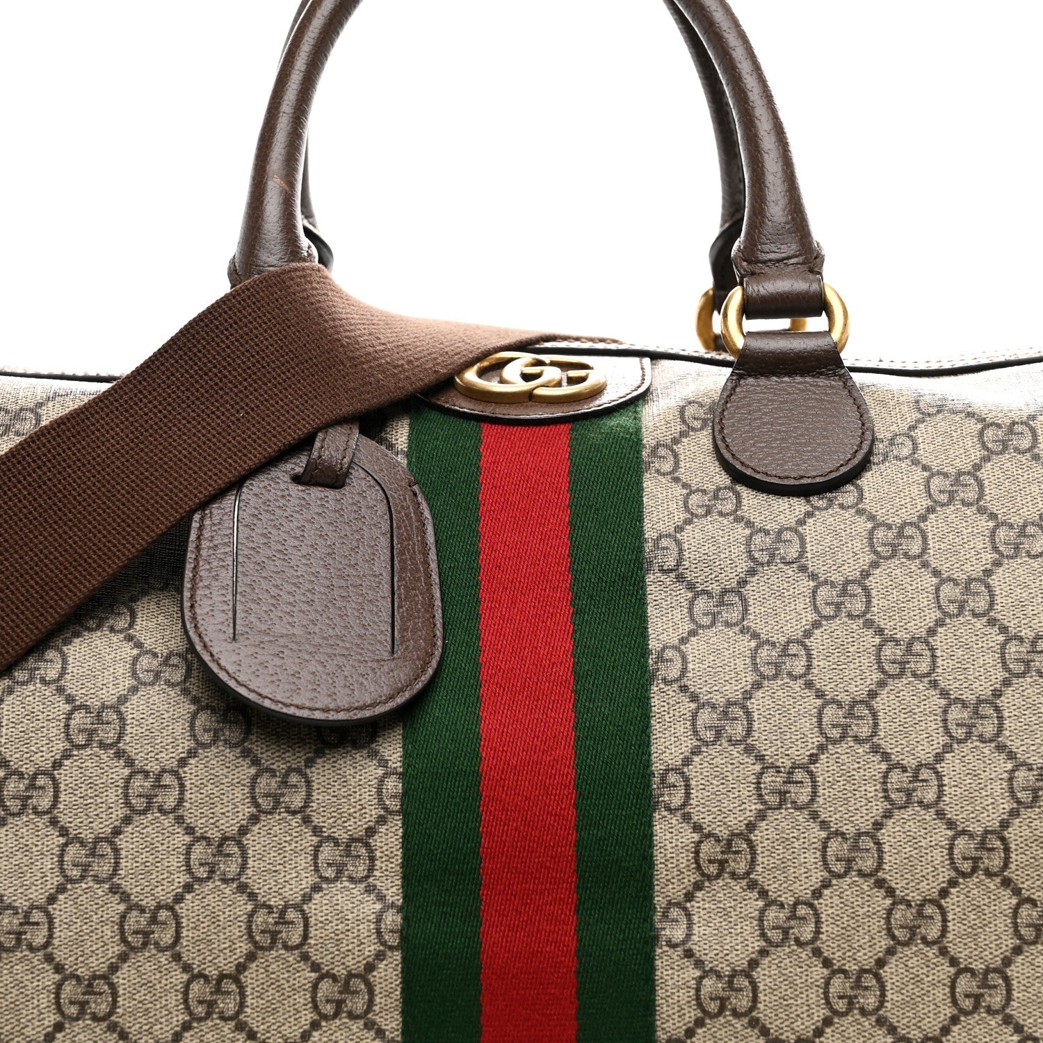 GG SUPREME MONOGRAM TEXTURED DOLLAR CALFSKIN WEB MEDIUM OPHIDIA CARRY-ON DUFFLE BAG BEIGE EBONY NEW ACERO