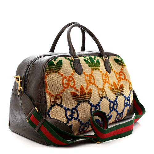 X ADIDAS Canvas Textured Dollar Calfskin Web GG Monogram Trefoil Large Bowling Bag Beige Brown Multicolor