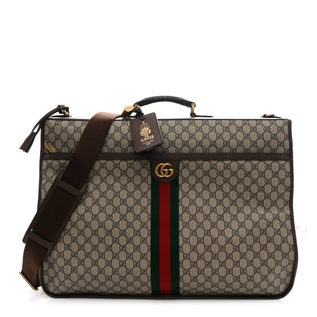GG SUPREME MONOGRAM TEXTURED DOLLAR CALFSKIN WEB OPHIDIA SAVOY GARMENT BAG BEIGE EBONY NEW ACERO