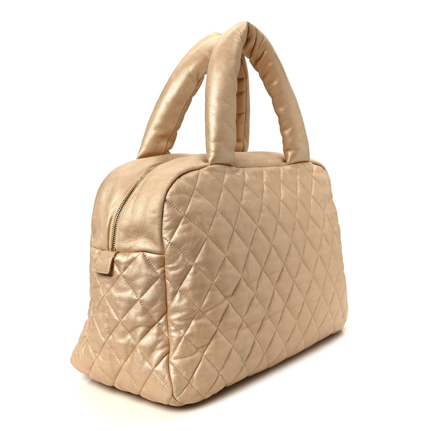 METALLIC LAMBSKIN QUILTED COCO COCOON BOWLER LIGHT GOLD