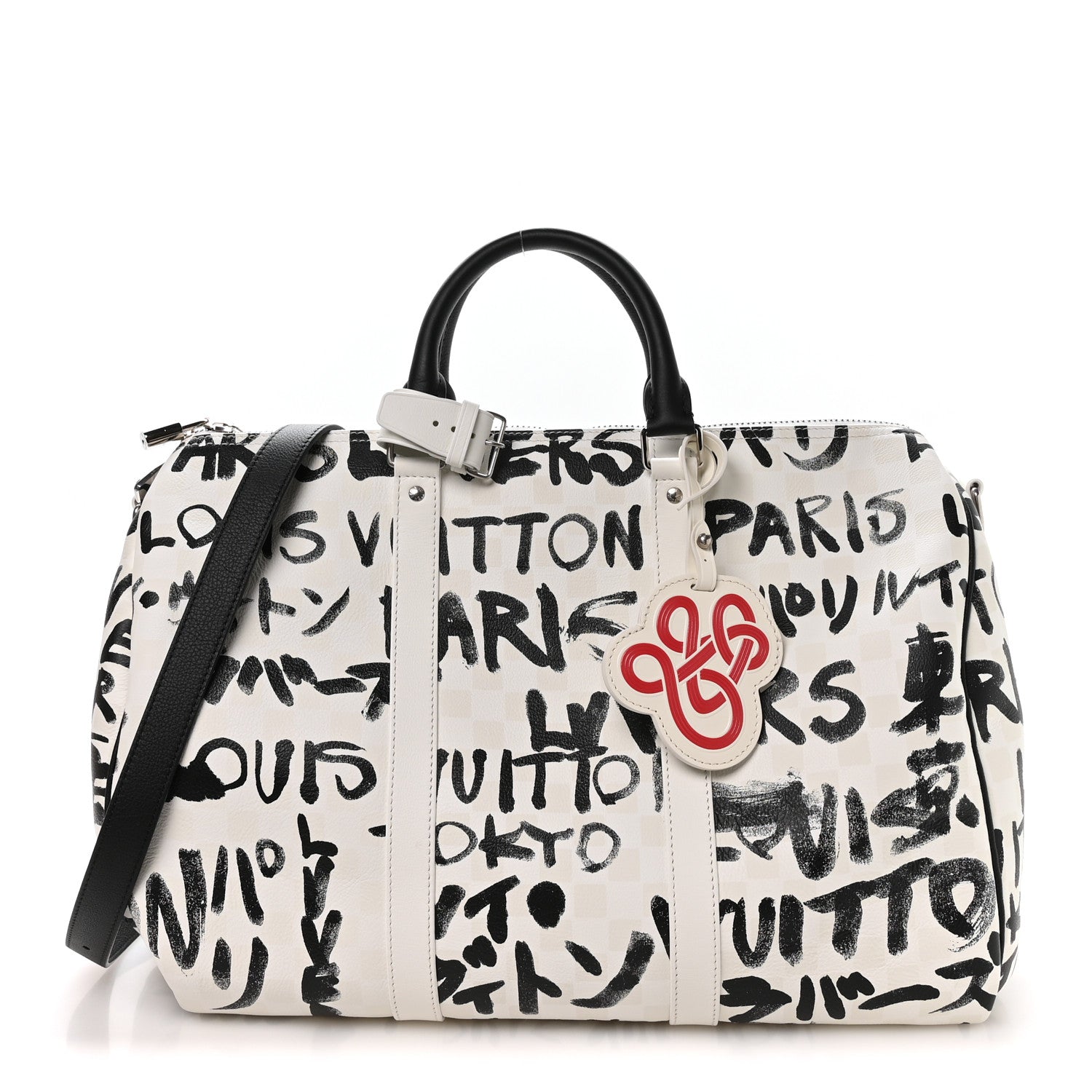 COWHIDE DAMIER LV DYNASTY KEEPALL BANDOULIERE 50 WHITE BLACK