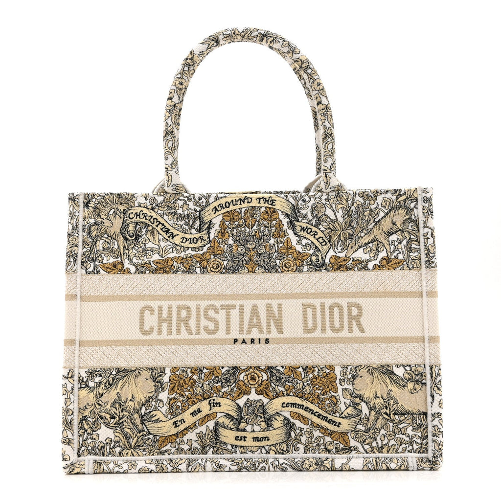 CANVAS EMBROIDERED MEDIUM AROUND THE WORLD BOOK TOTE GOLD