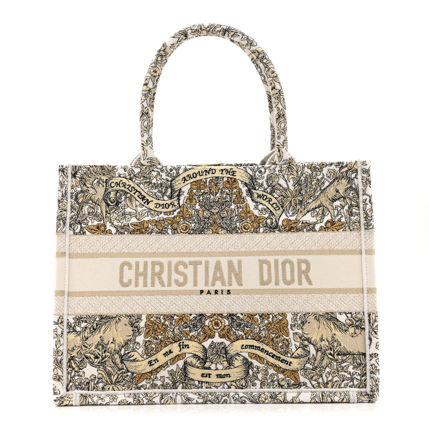 CANVAS EMBROIDERED MEDIUM AROUND THE WORLD BOOK TOTE GOLD