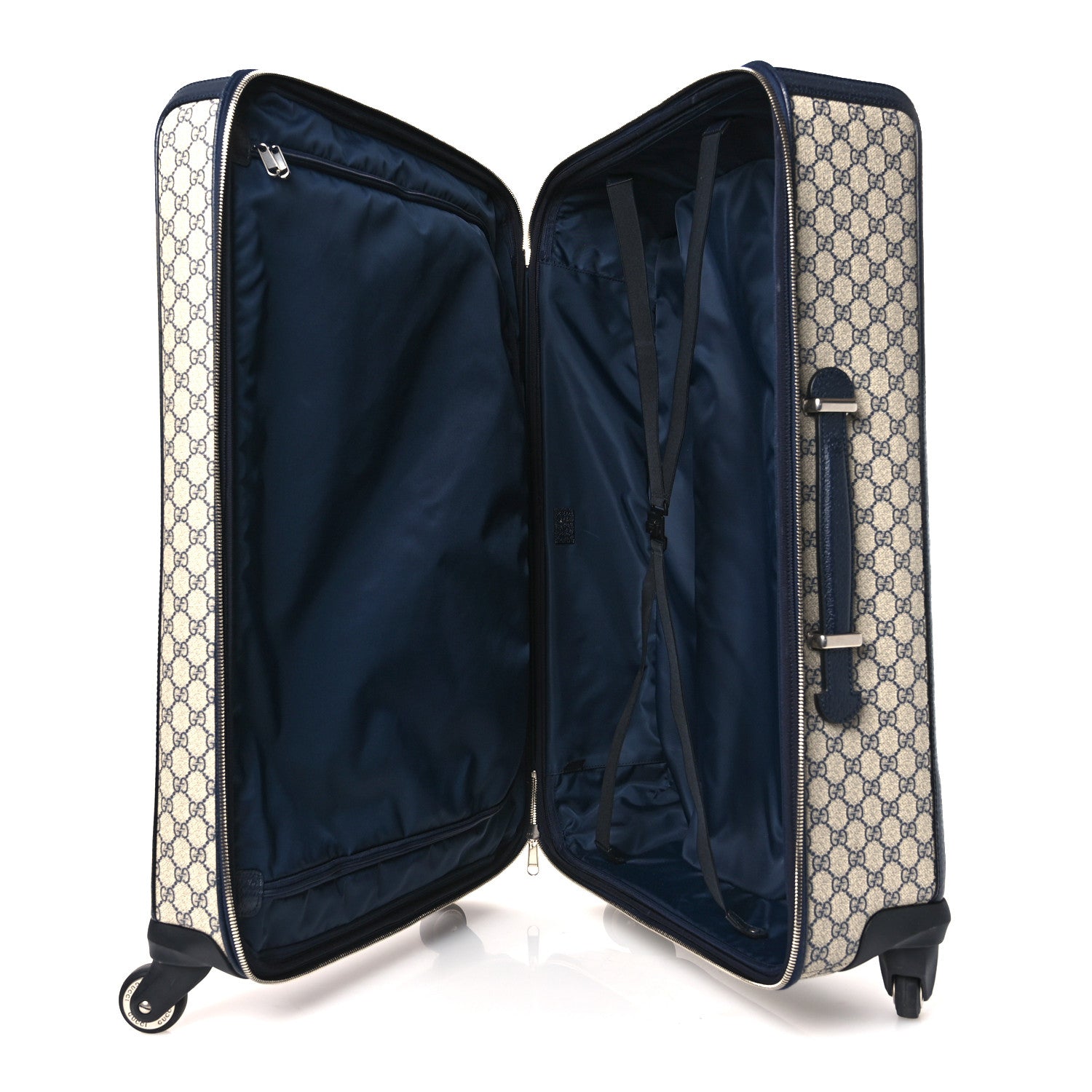 GG SUPREME MONOGRAM TEXTURED DOLLAR CALFSKIN WEB LARGE SAVOY TROLLEY SUITCASE BEIGE BLUE