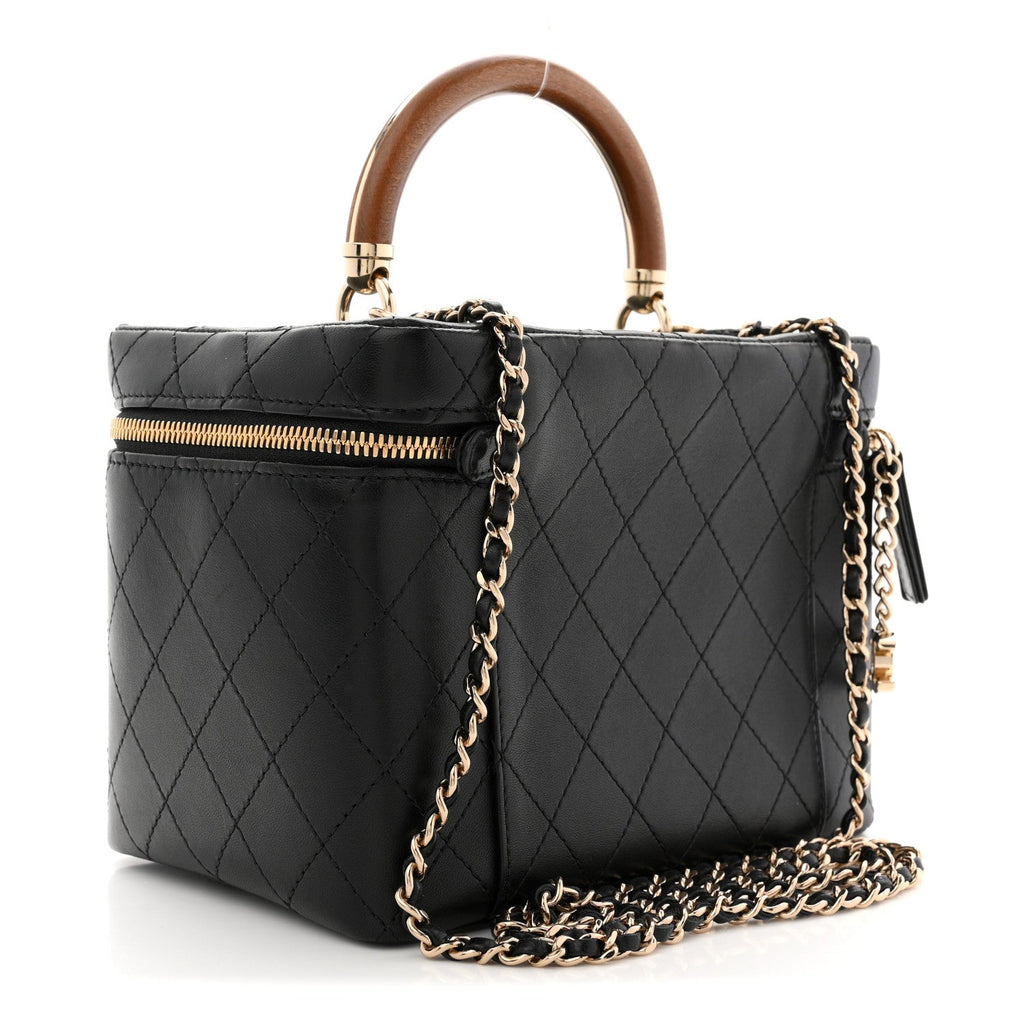 LAMBSKIN FLAT QUILTED KNOCK ON WOOD LARGE VANITY CASE BLACK