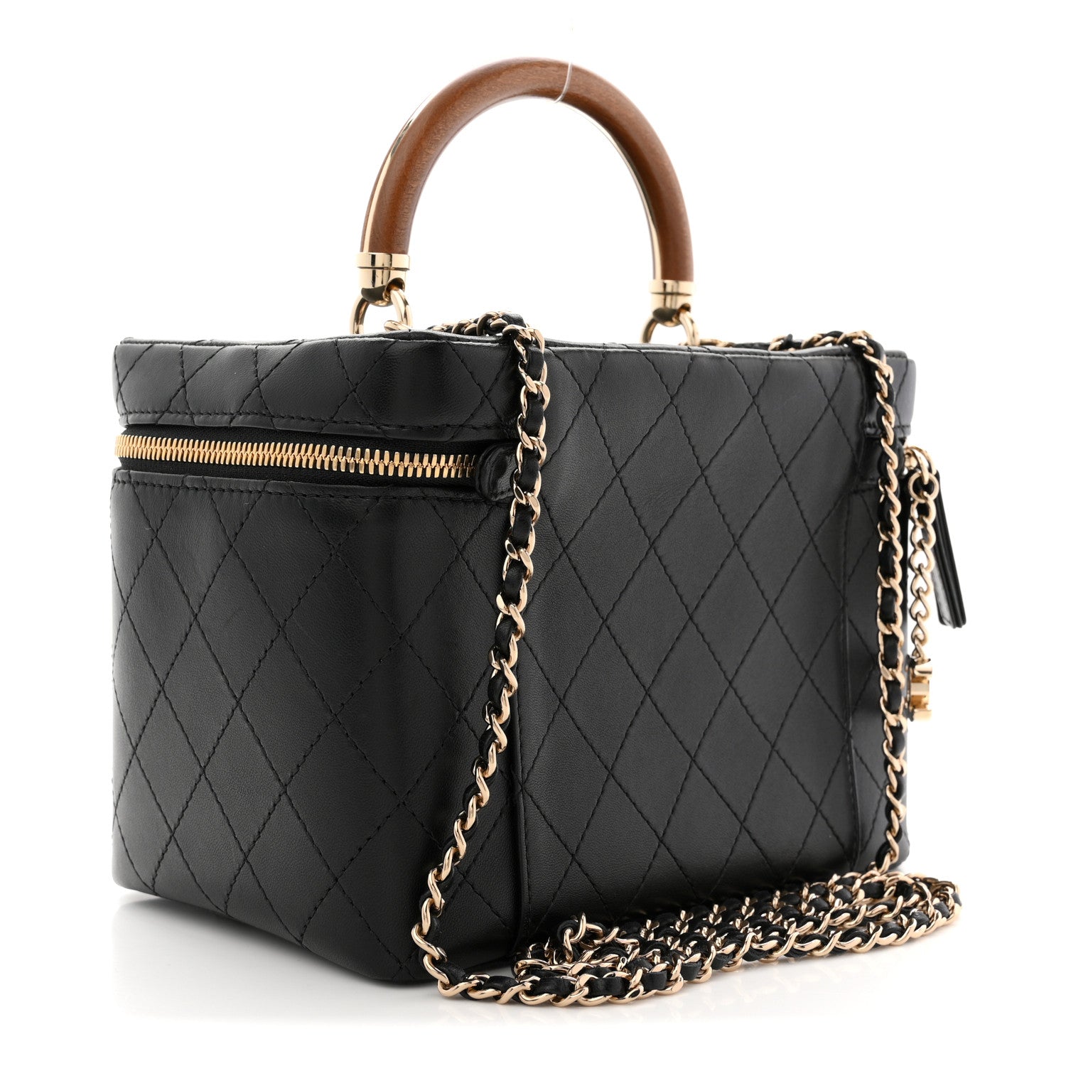 LAMBSKIN FLAT QUILTED KNOCK ON WOOD LARGE VANITY CASE BLACK