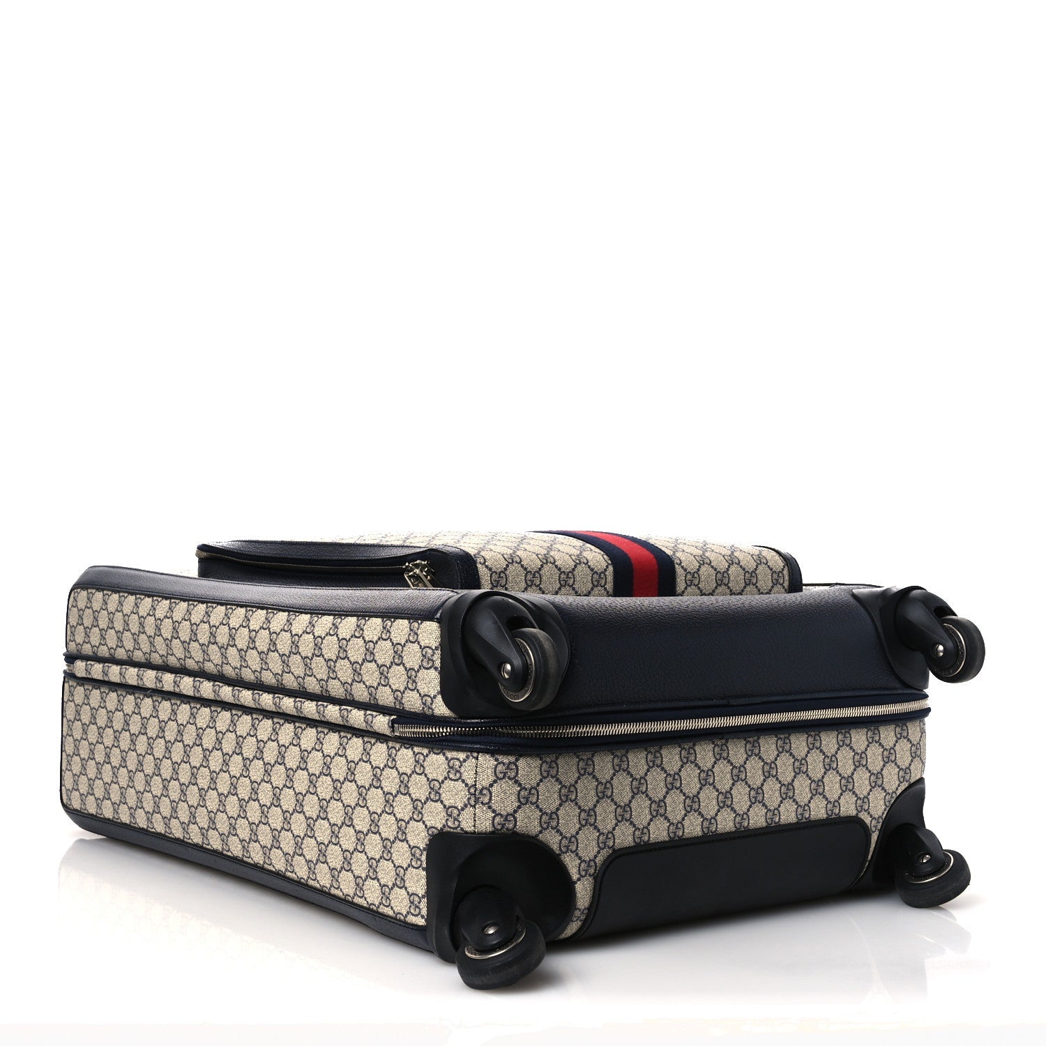 GG SUPREME MONOGRAM TEXTURED DOLLAR CALFSKIN WEB LARGE SAVOY TROLLEY SUITCASE BEIGE BLUE
