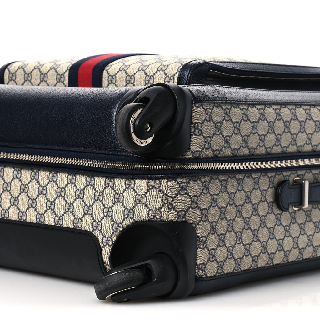 GG SUPREME MONOGRAM TEXTURED DOLLAR CALFSKIN WEB LARGE SAVOY TROLLEY SUITCASE BEIGE BLUE