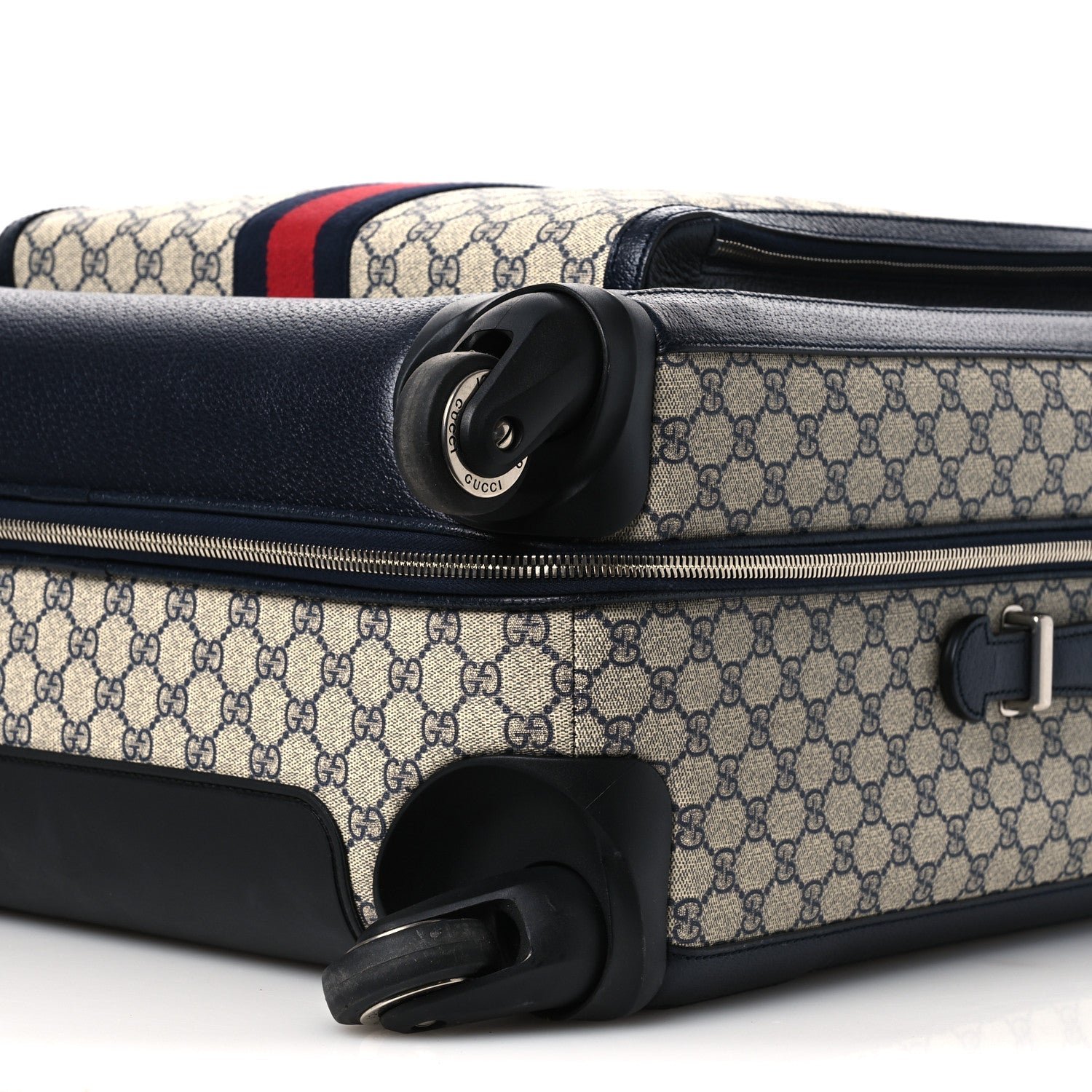 GG SUPREME MONOGRAM TEXTURED DOLLAR CALFSKIN WEB LARGE SAVOY TROLLEY SUITCASE BEIGE BLUE
