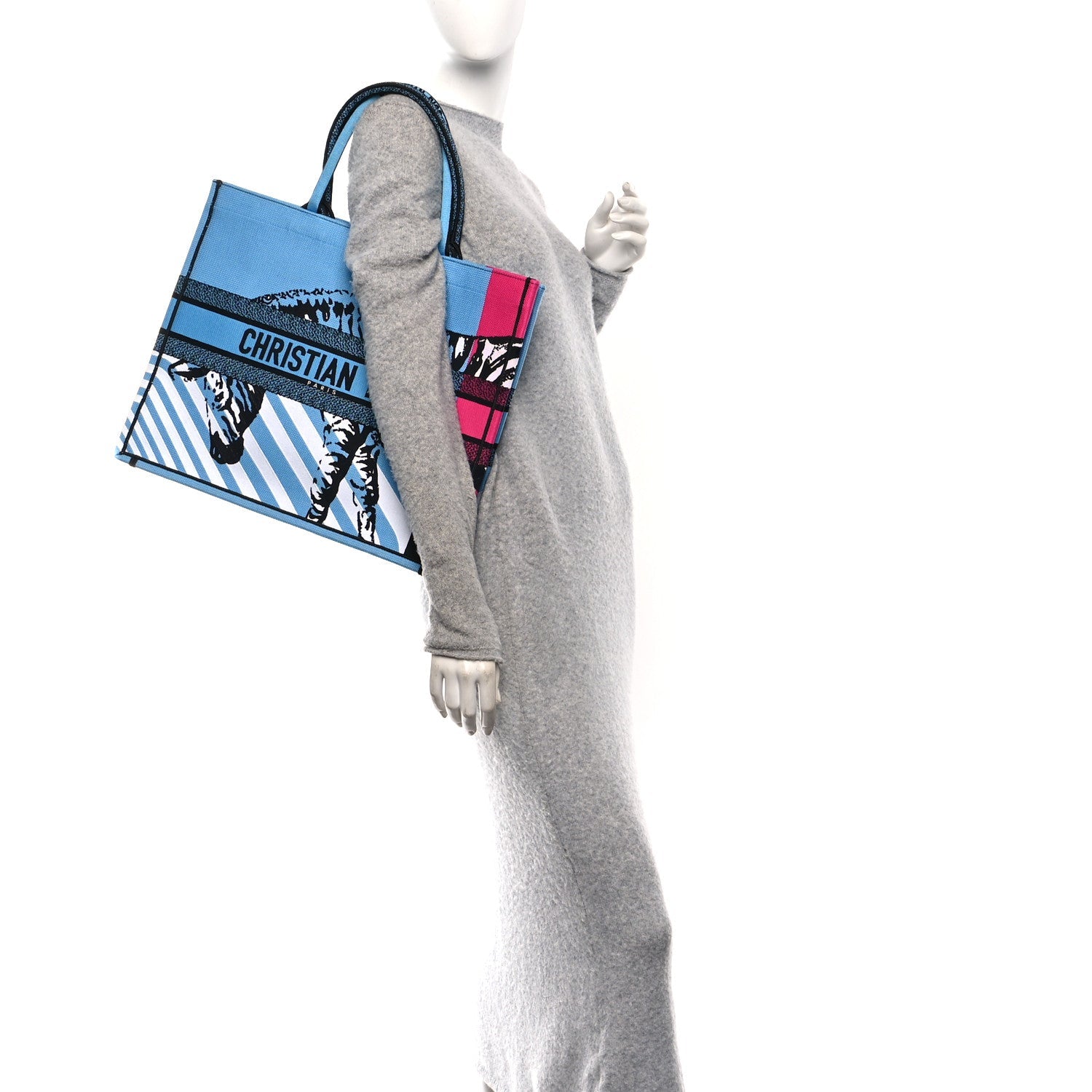CANVAS EMBROIDERED LARGE JUNGLE POP BOOK TOTE BLUE MULTICOLOR