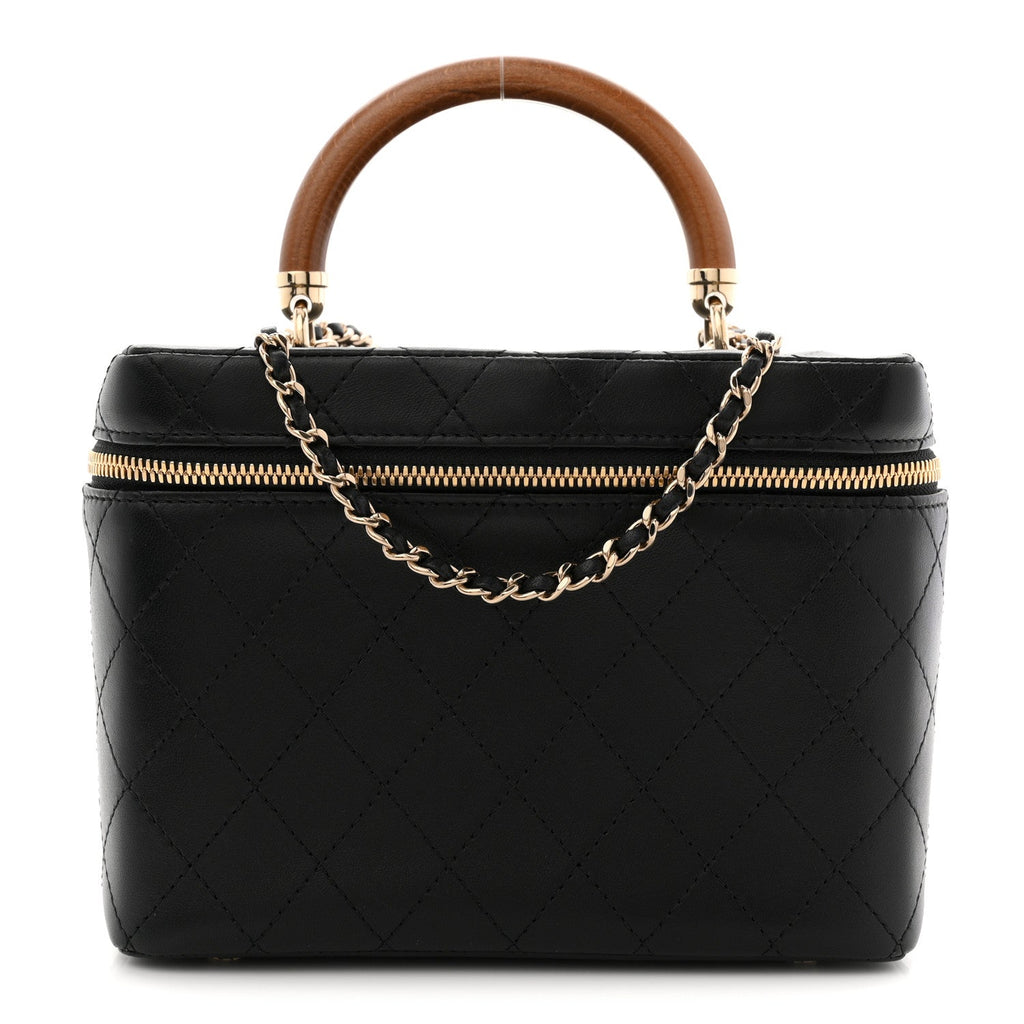 LAMBSKIN FLAT QUILTED KNOCK ON WOOD LARGE VANITY CASE BLACK