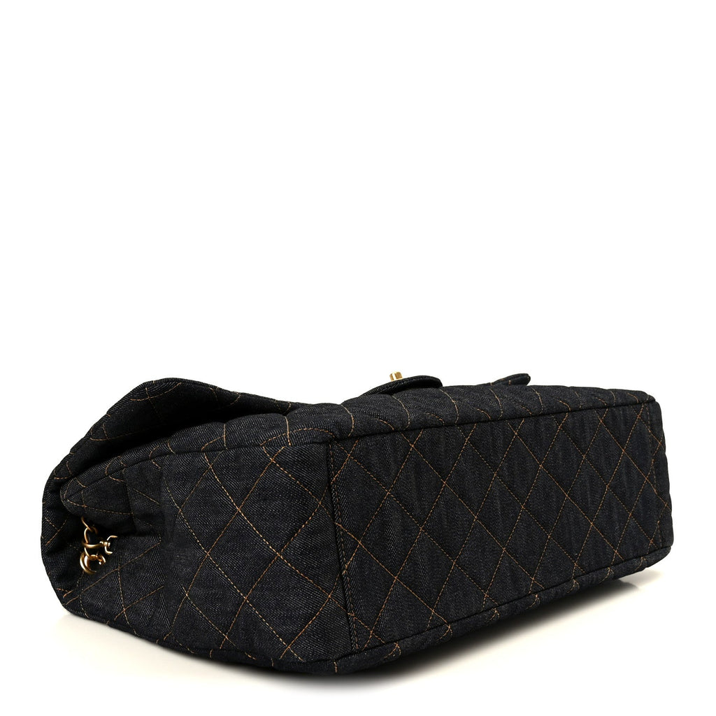 DENIM QUILTED XXL TRAVEL FLAP BAG DARK BLUE ORANGE