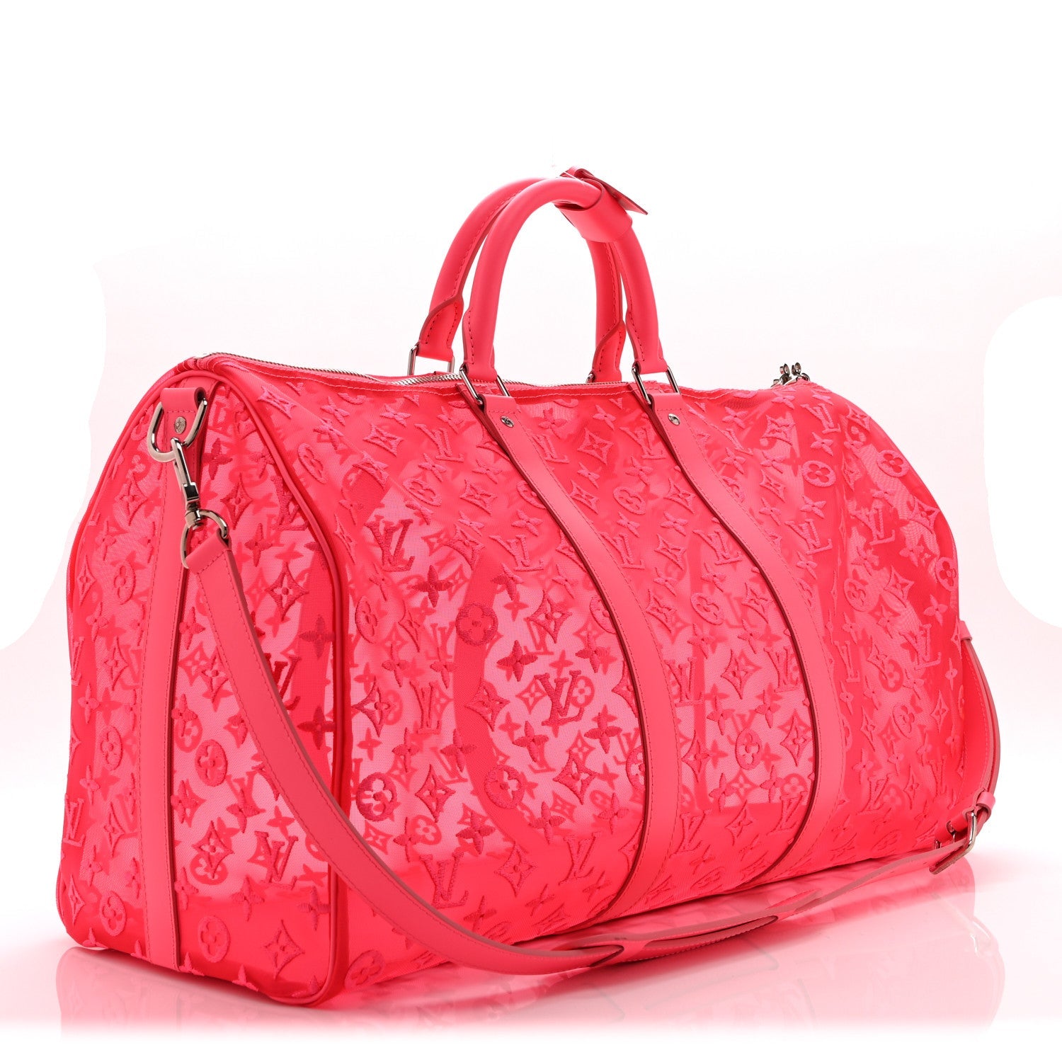 MONOGRAM FLUO SEE THROUGH KEEPALL BANDOULIERE 50 ROSE