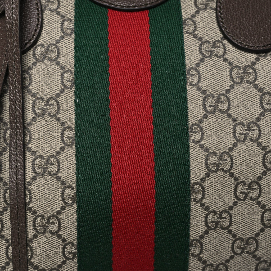 GG Supreme Monogram Textured Dollar Calfskin Web Medium Savoy Duffle Bag Beige Dark Brown