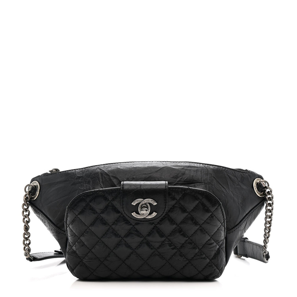 CRUMPLED CALFSKIN QUILTED CASUAL ROCK WAIST BAG FANNY PACK BLACK