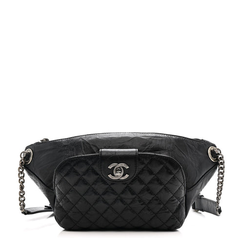 CRUMPLED CALFSKIN QUILTED CASUAL ROCK WAIST BAG FANNY PACK BLACK