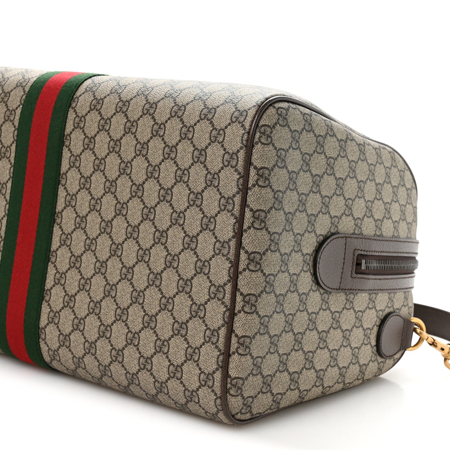 GG SUPREME MONOGRAM TEXTURED DOLLAR CALFSKIN WEB MEDIUM SAVOY DUFFLE BAG BEIGE DARK BROWN