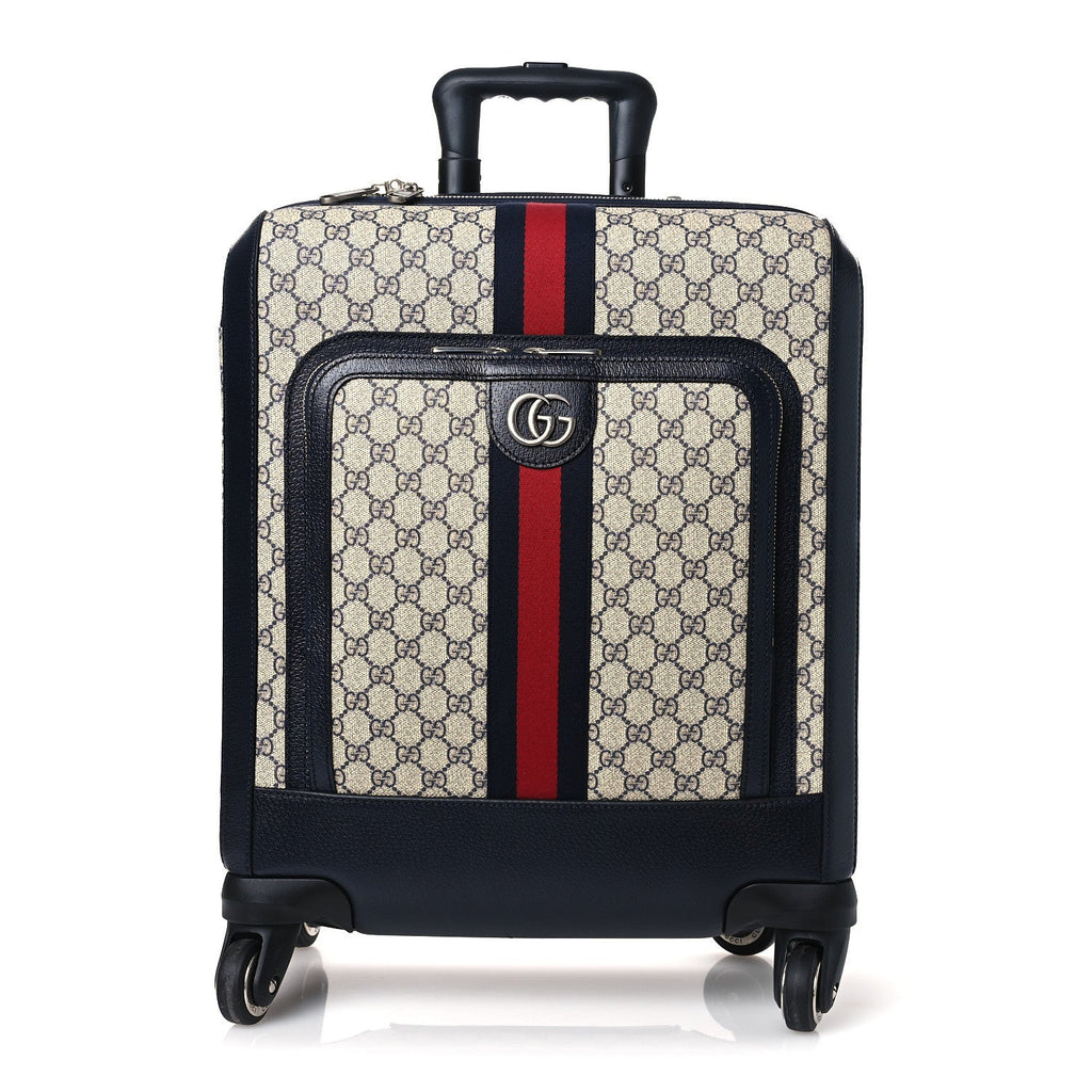 GG SUPREME MONOGRAM TEXTURED DOLLAR CALFSKIN WEB SMALL SAVOY CABIN TROLLEY BEIGE BLUE