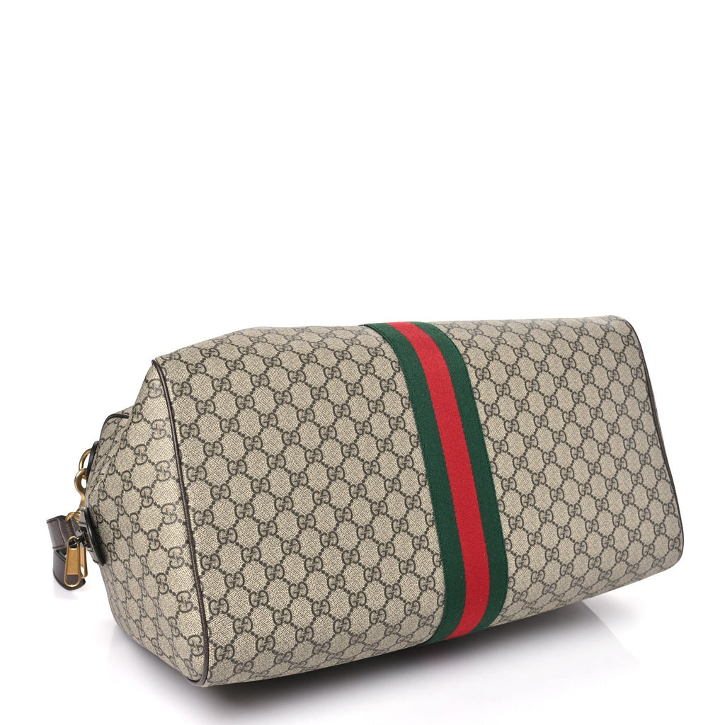 GG Supreme Monogram Textured Dollar Calfskin Web Medium Savoy Duffle Bag Beige Dark Brown