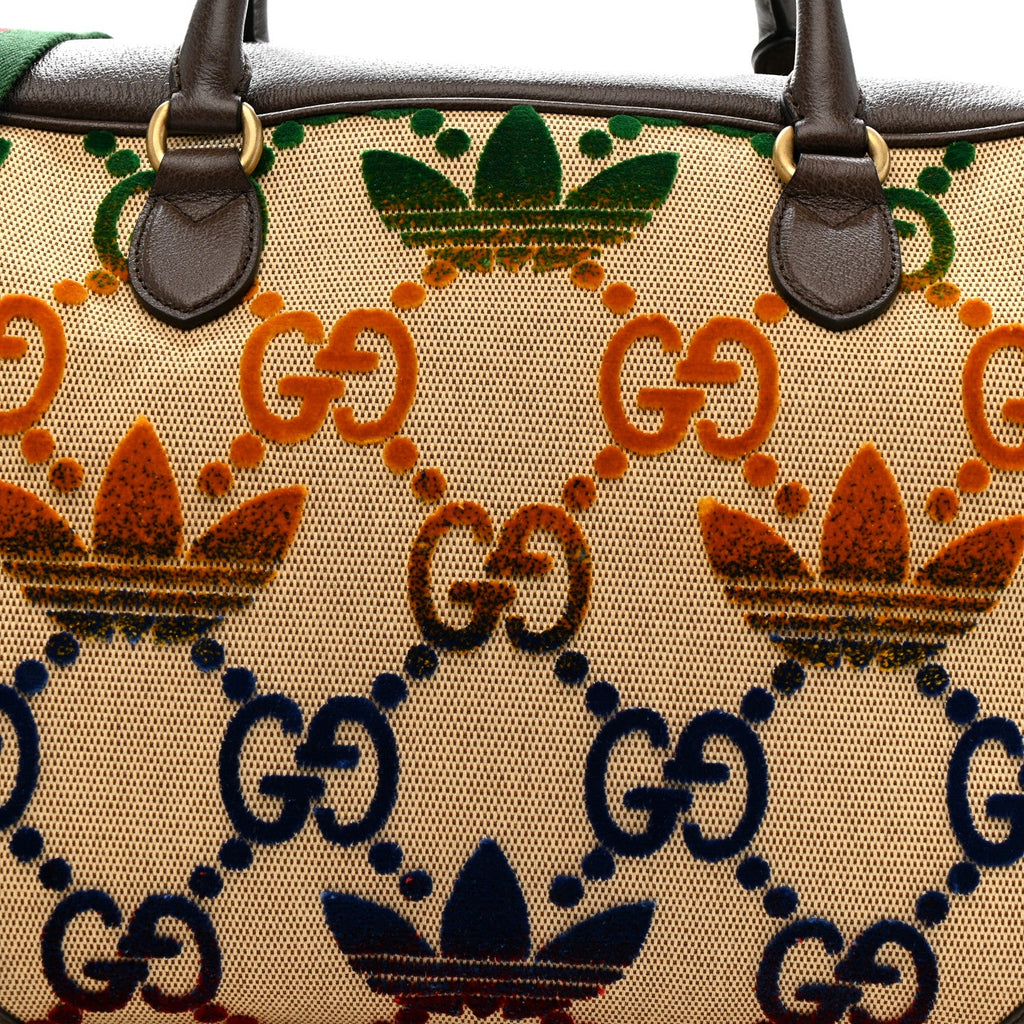 X ADIDAS Canvas Textured Dollar Calfskin Web GG Monogram Trefoil Large Bowling Bag Beige Brown Multicolor