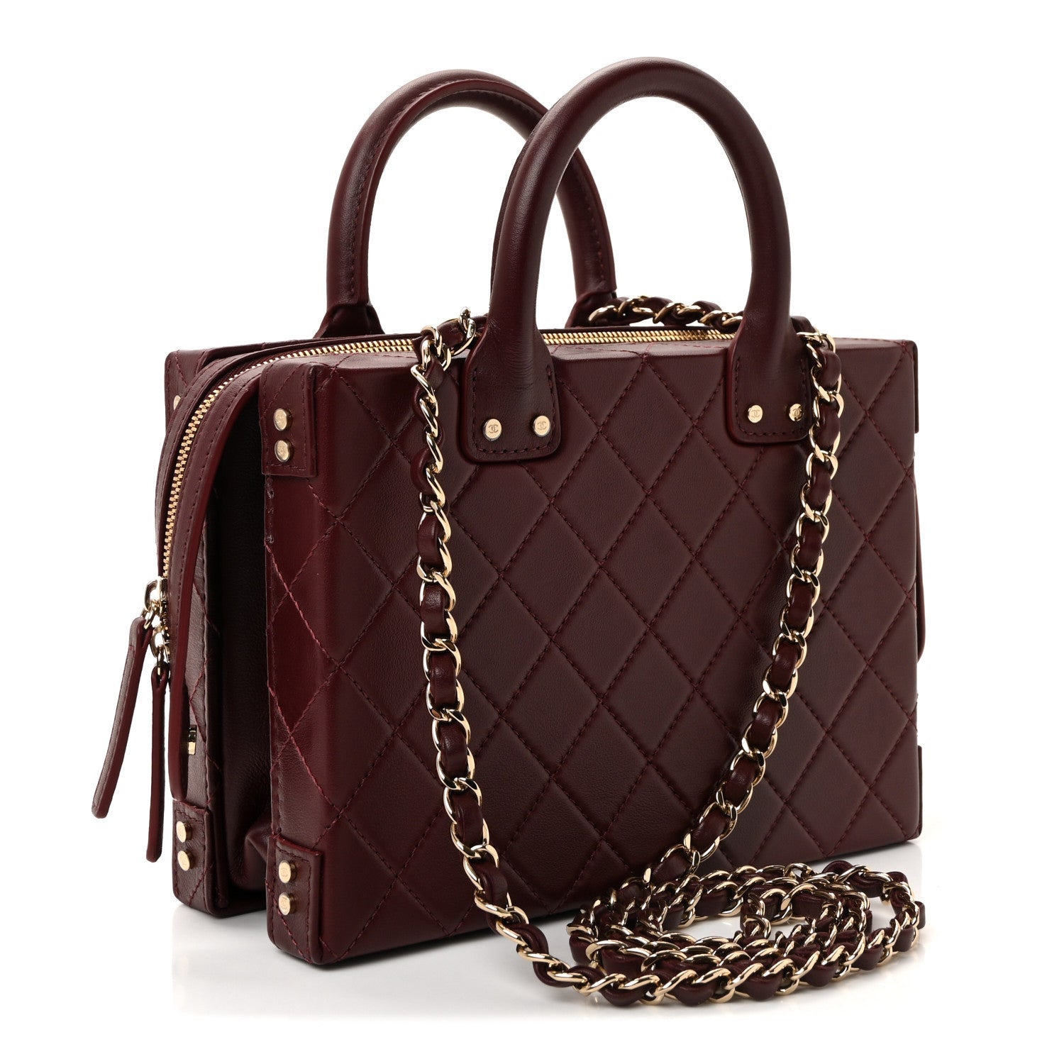 CALFSKIN QUILTED STUDDED SQUARE VANITY CASE BURGUNDY