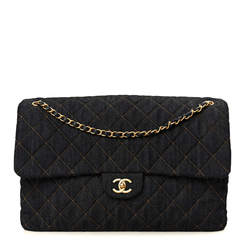 DENIM QUILTED XXL TRAVEL FLAP BAG DARK BLUE ORANGE
