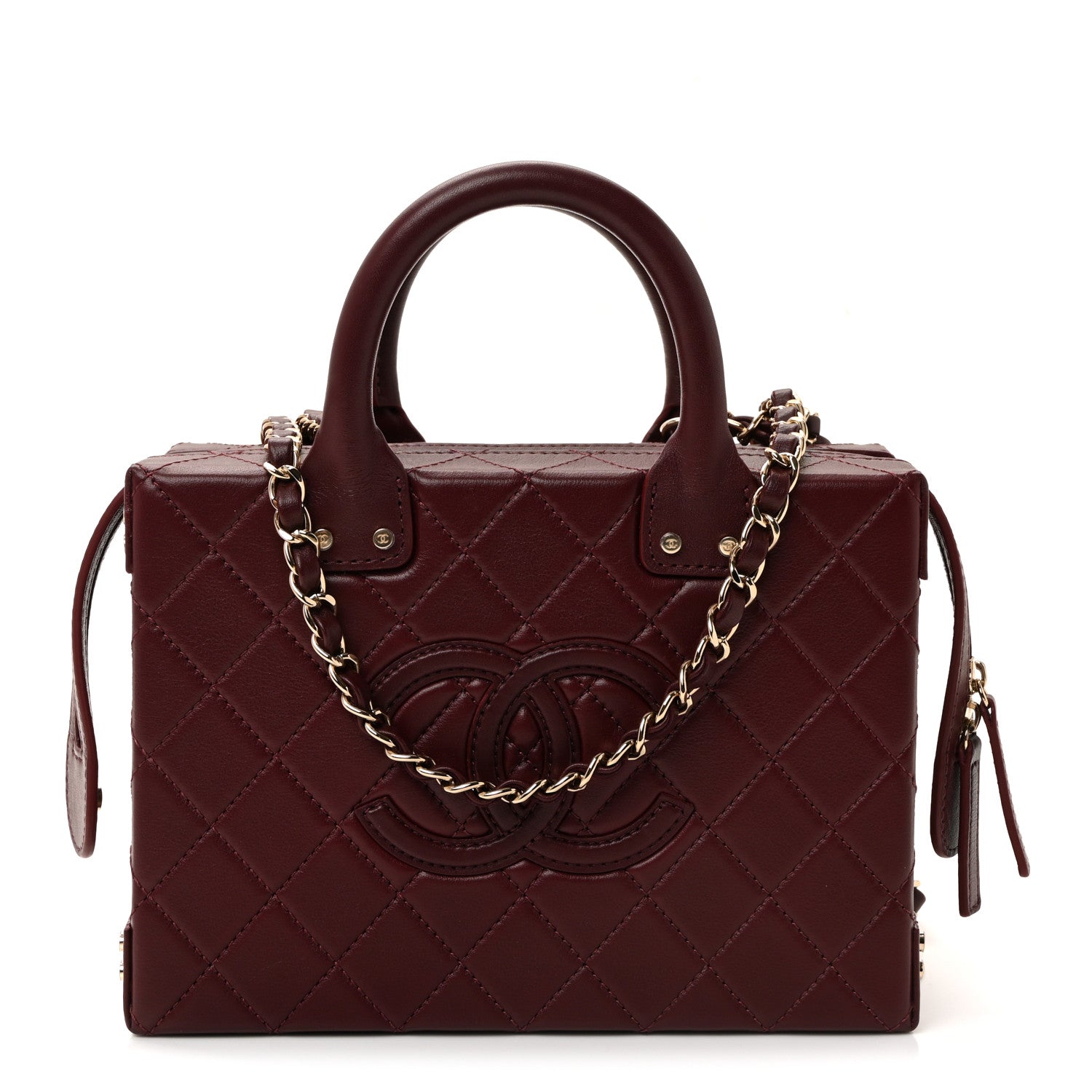 CALFSKIN QUILTED STUDDED SQUARE VANITY CASE BURGUNDY