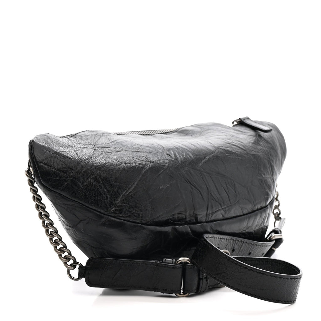 CRUMPLED CALFSKIN QUILTED CASUAL ROCK WAIST BAG FANNY PACK BLACK