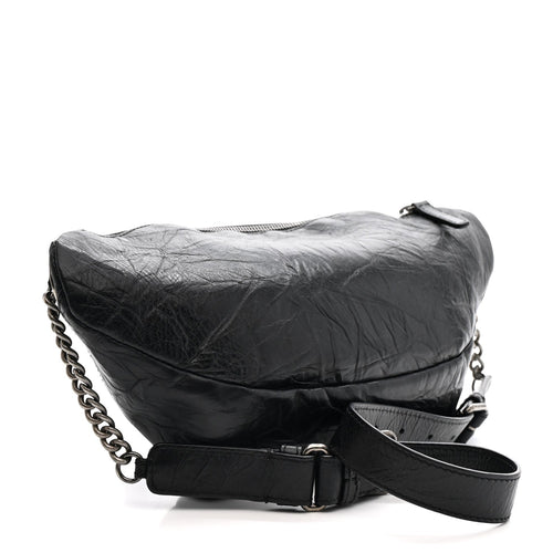 CRUMPLED CALFSKIN QUILTED CASUAL ROCK WAIST BAG FANNY PACK BLACK