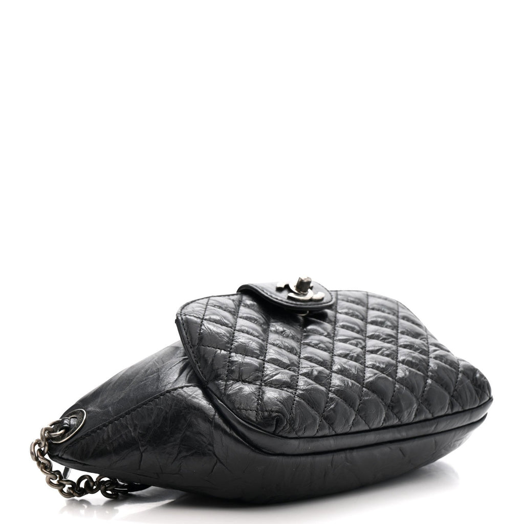CRUMPLED CALFSKIN QUILTED CASUAL ROCK WAIST BAG FANNY PACK BLACK