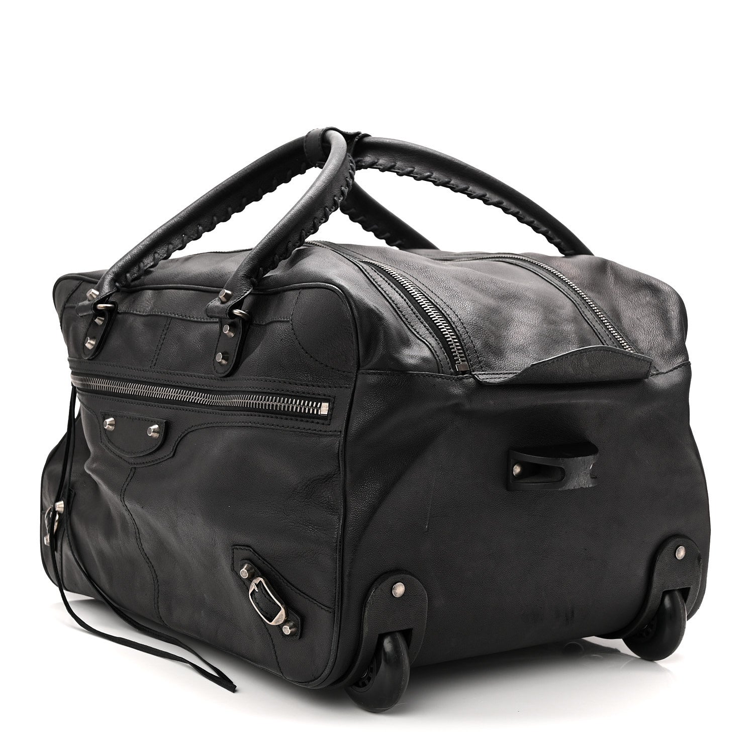 AGNEAU SILVER HARDWARE DUFFLE CARRY ON TRAVEL BAG BLACK