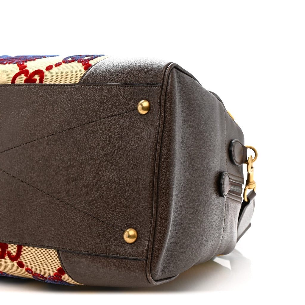 X ADIDAS Canvas Textured Dollar Calfskin Web GG Monogram Trefoil Large Bowling Bag Beige Brown Multicolor