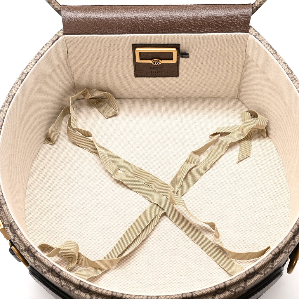 GG SUPREME MONOGRAM TEXTURED DOLLAR CALFSKIN WEB SAVOY HAT BOX BEIGE EBONY NEW ACERO