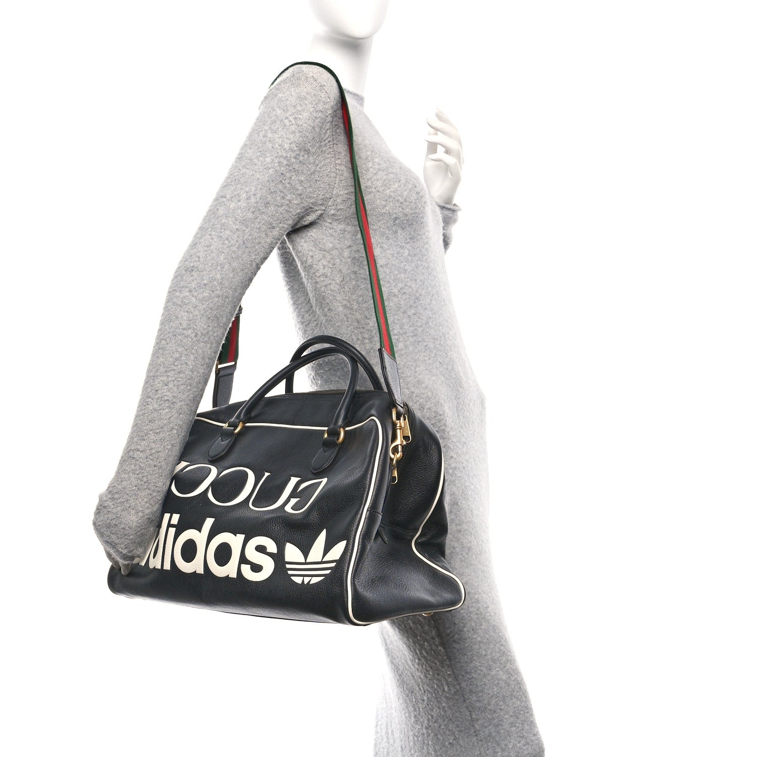 X ADIDAS Textured Dollar Calfskin Web Trefoil Large Bowling Bag Black Off White