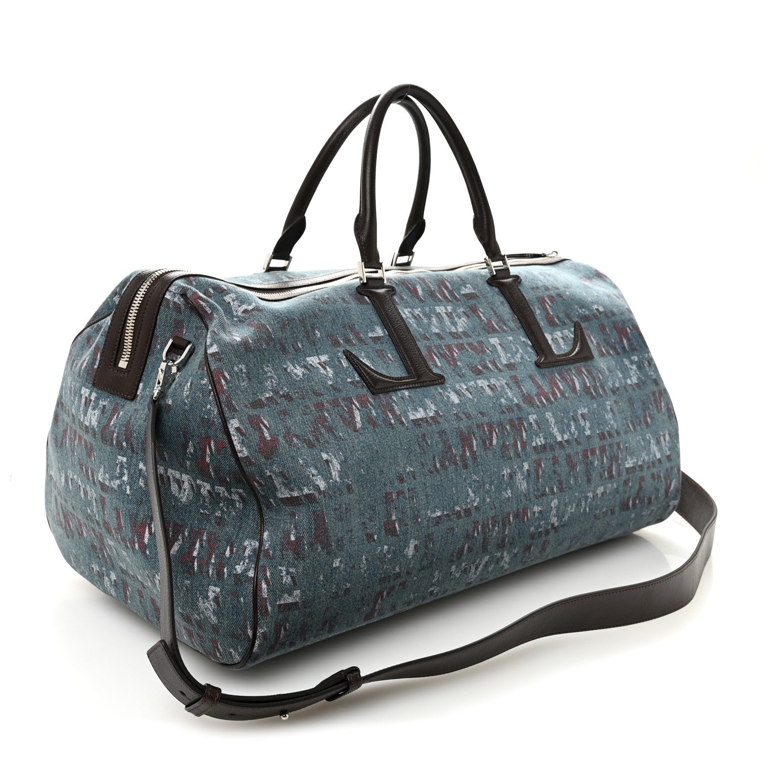 X FUTURE DENIM CALFSKIN LOGO PRINT TRAVEL BAG BLUE BROWN