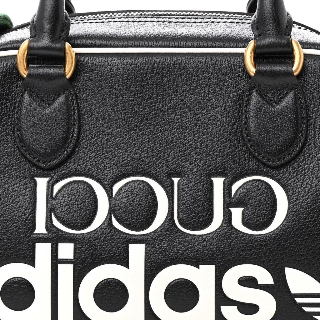 X ADIDAS Textured Dollar Calfskin Web Trefoil Logo Embossed Mini Bowling Bag Black Off White
