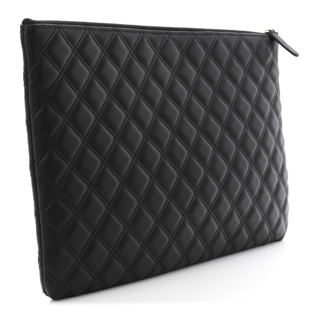 LAMBSKIN DOUBLE STITCH QUILTED COSMETIC CASE BLACK