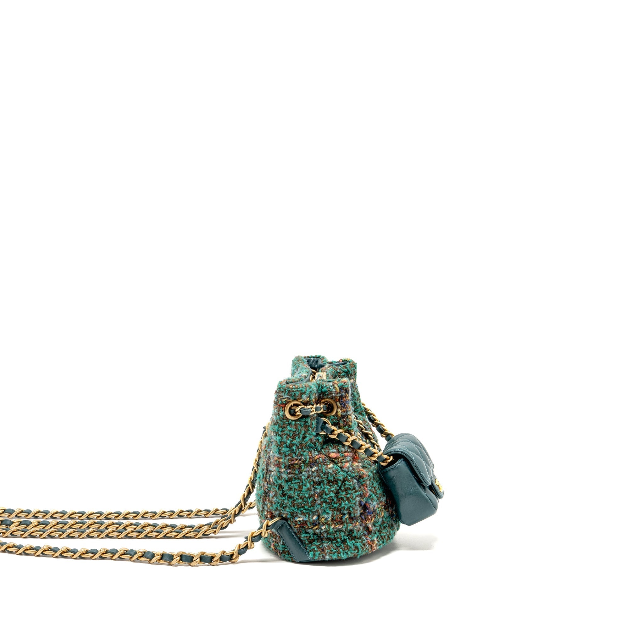 CHANEL BUCKET BACKPACK WITH CASE TWEED/LAMBSKIN DARK GREEN/MULTICOLOUR GHW (MICROCHIP)