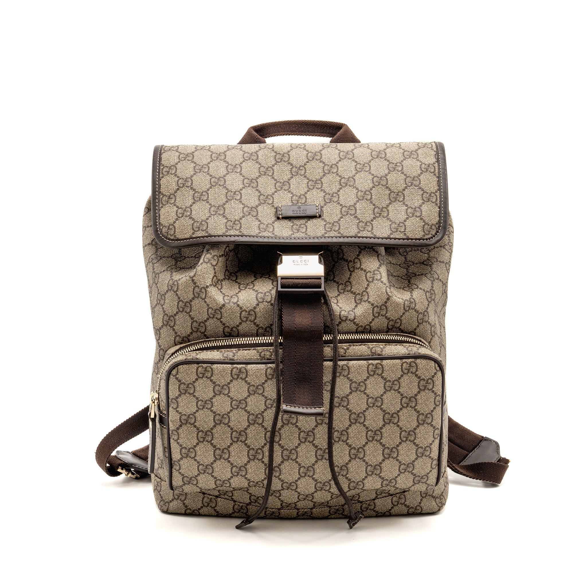 GUCCI SINGLE BUCKLE BACKPACK GG SUPREME CANVAS BROWN SHW