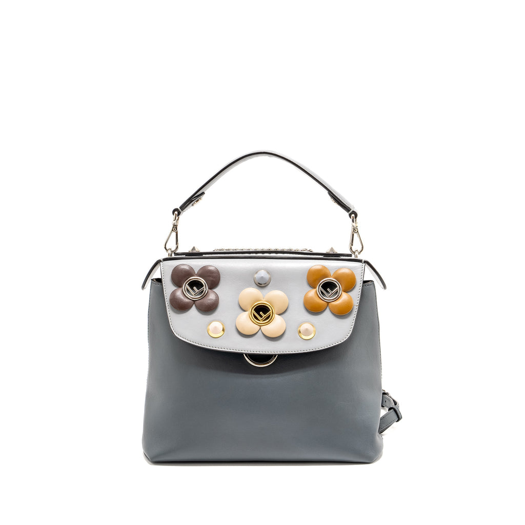 FENDI FLOWERLAND 2 WAY SHOULDER BAG/BACKPACK CALFSKIN GREY MULTICOLOUR HARDWARE
