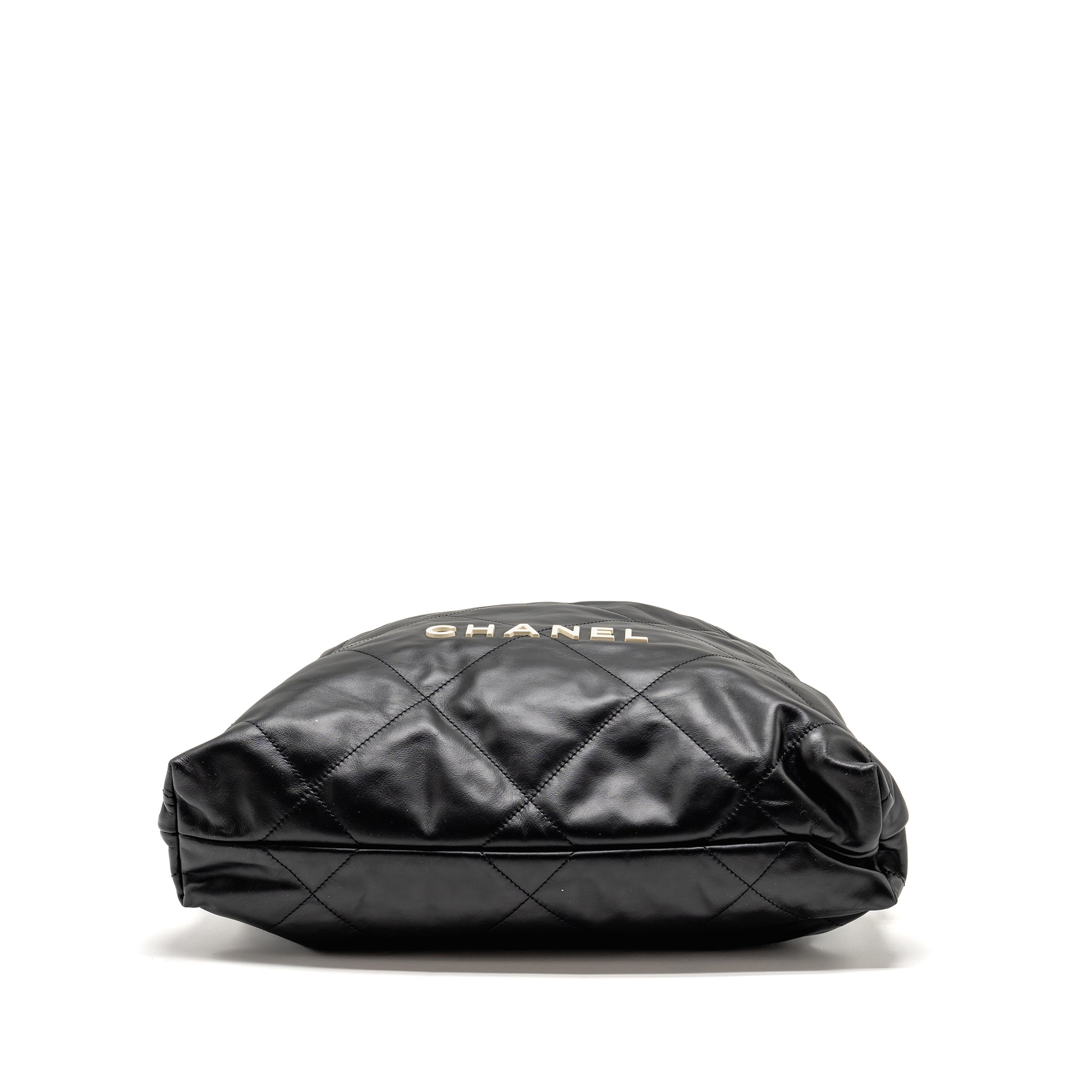 CHANEL 22 BACKPACK WHITE LETTER LOGO SHINY CALFSKIN BLACK GHW (MICROCHIP)