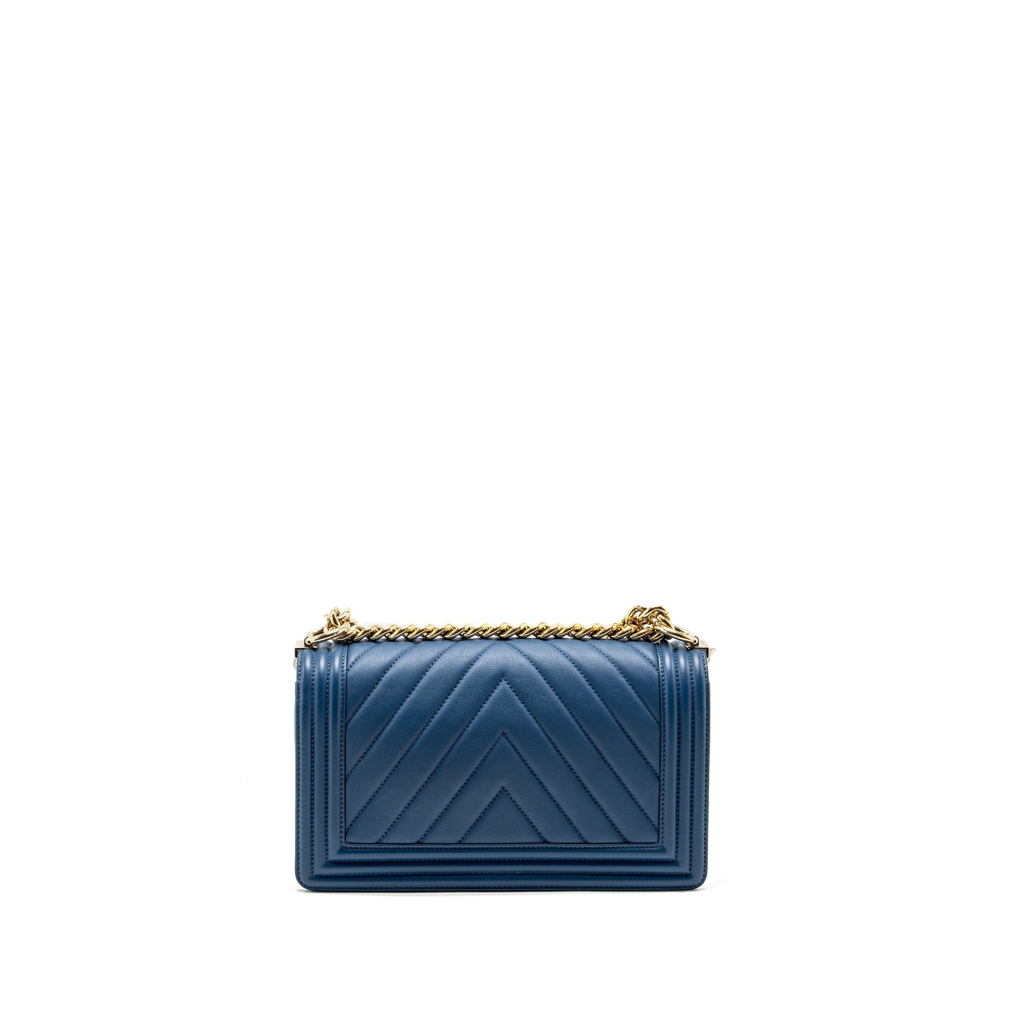 CHANEL MEDIUM CHEVRON BOY BAG CALFSKIN BLUE GHW