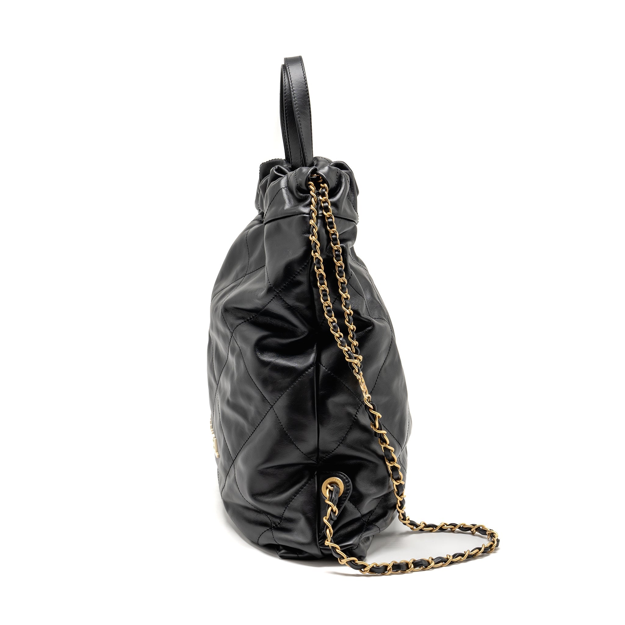 CHANEL 22 BACKPACK WHITE LETTER LOGO SHINY CALFSKIN BLACK GHW (MICROCHIP)